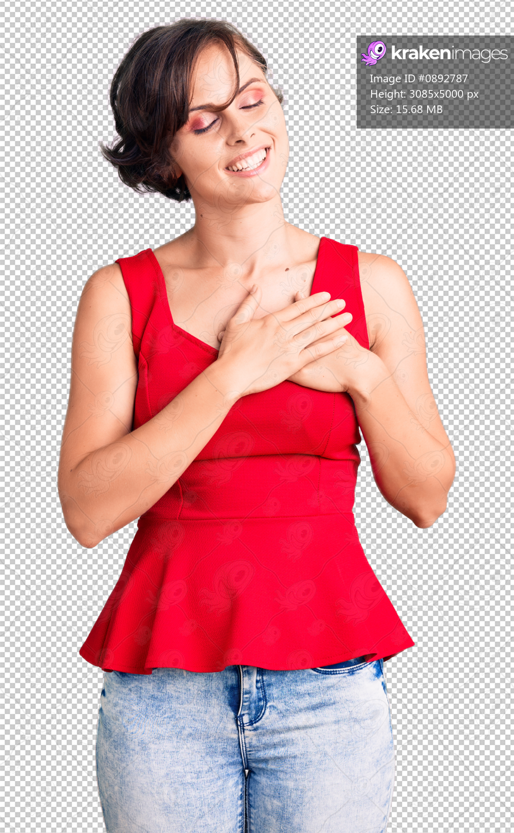 Beautiful young woman with short hair wearing casual style with sleeveless shirt smiling with hands on chest with closed eyes and grateful gesture on face. health concept.