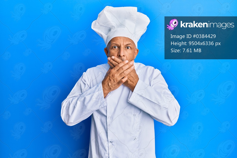 Middle age grey-haired man wearing professional cook uniform and hat shocked covering mouth with hands for mistake. secret concept. 