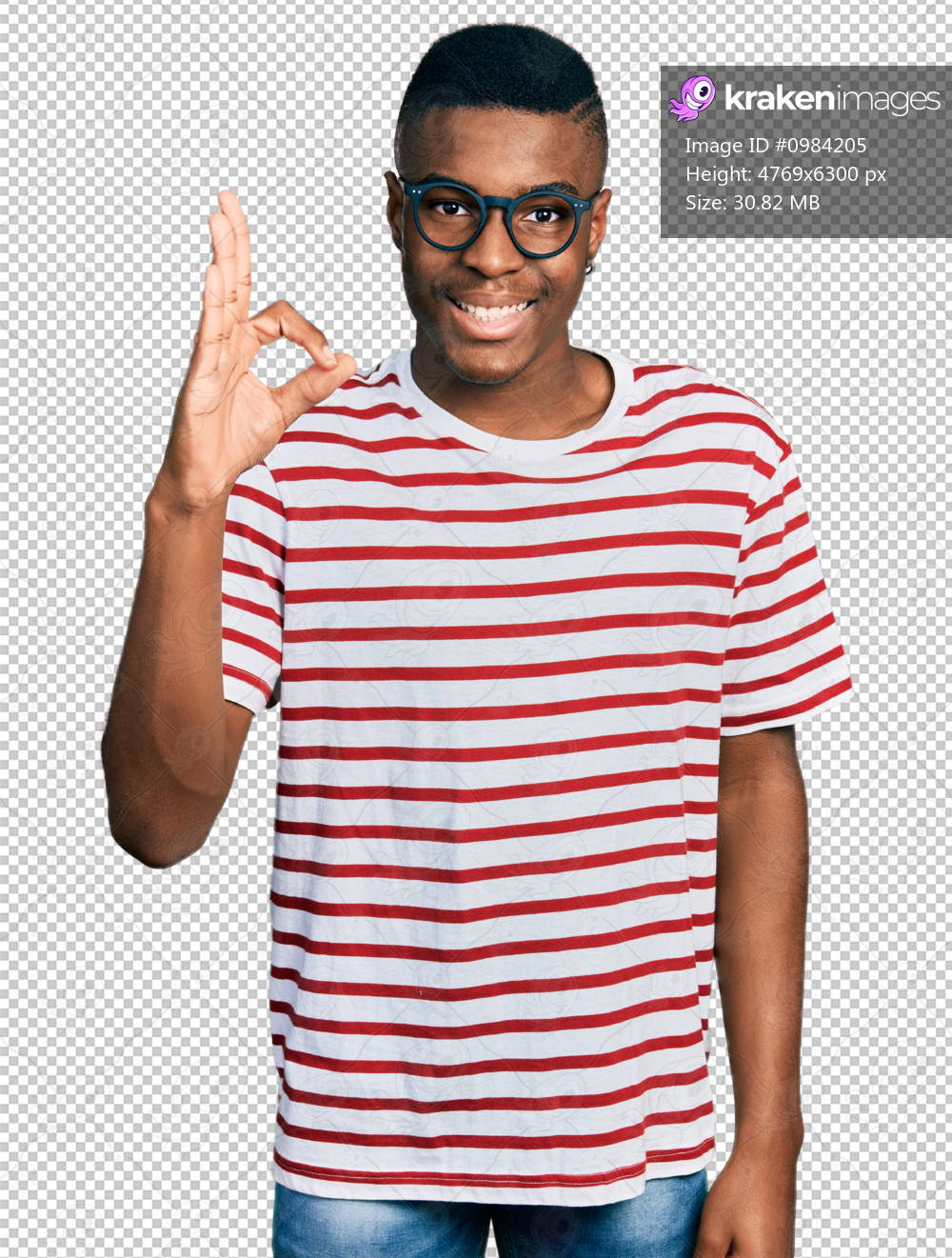 Young african american man wearing casual t shirt and glasses smiling positive doing ok sign with hand and fingers. successful expression.