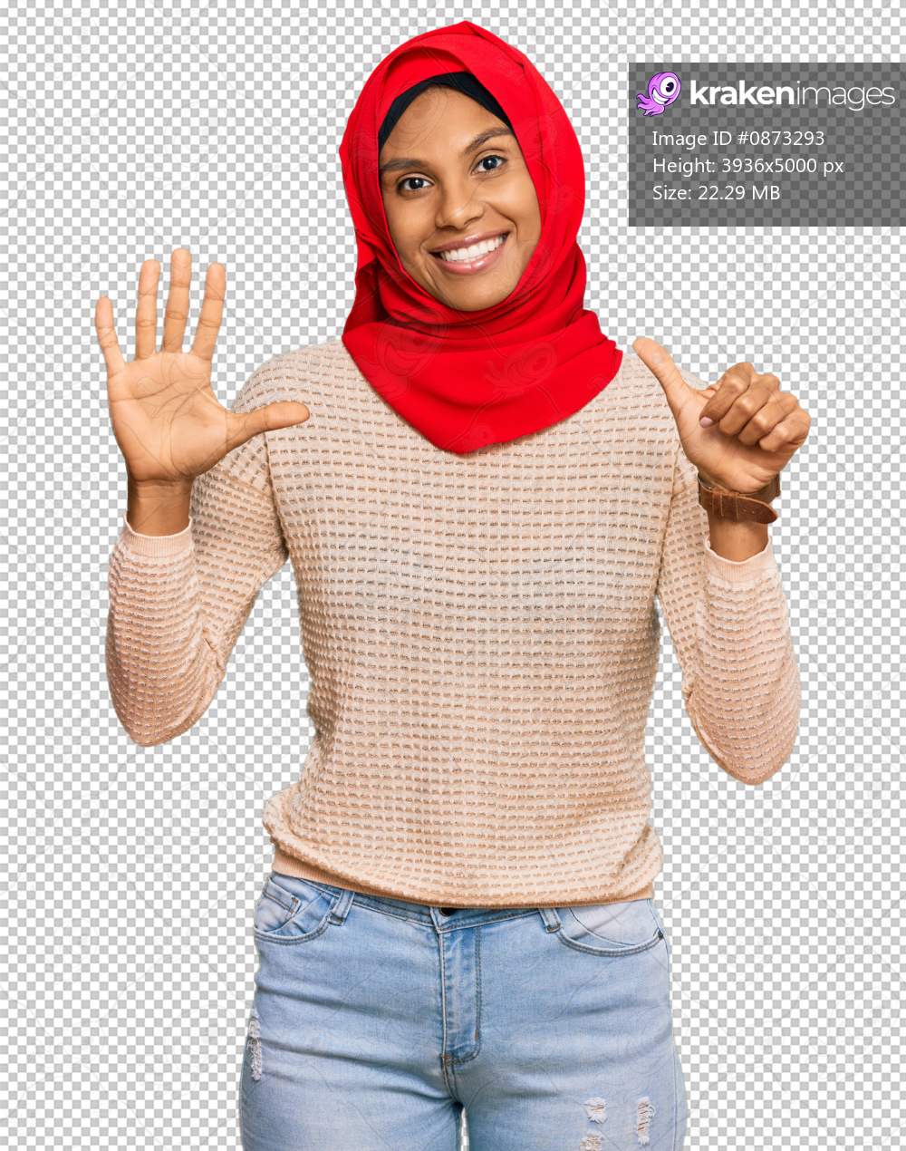 Young african american woman wearing traditional islamic hijab scarf showing and pointing up with fingers number six while smiling confident and happy.
