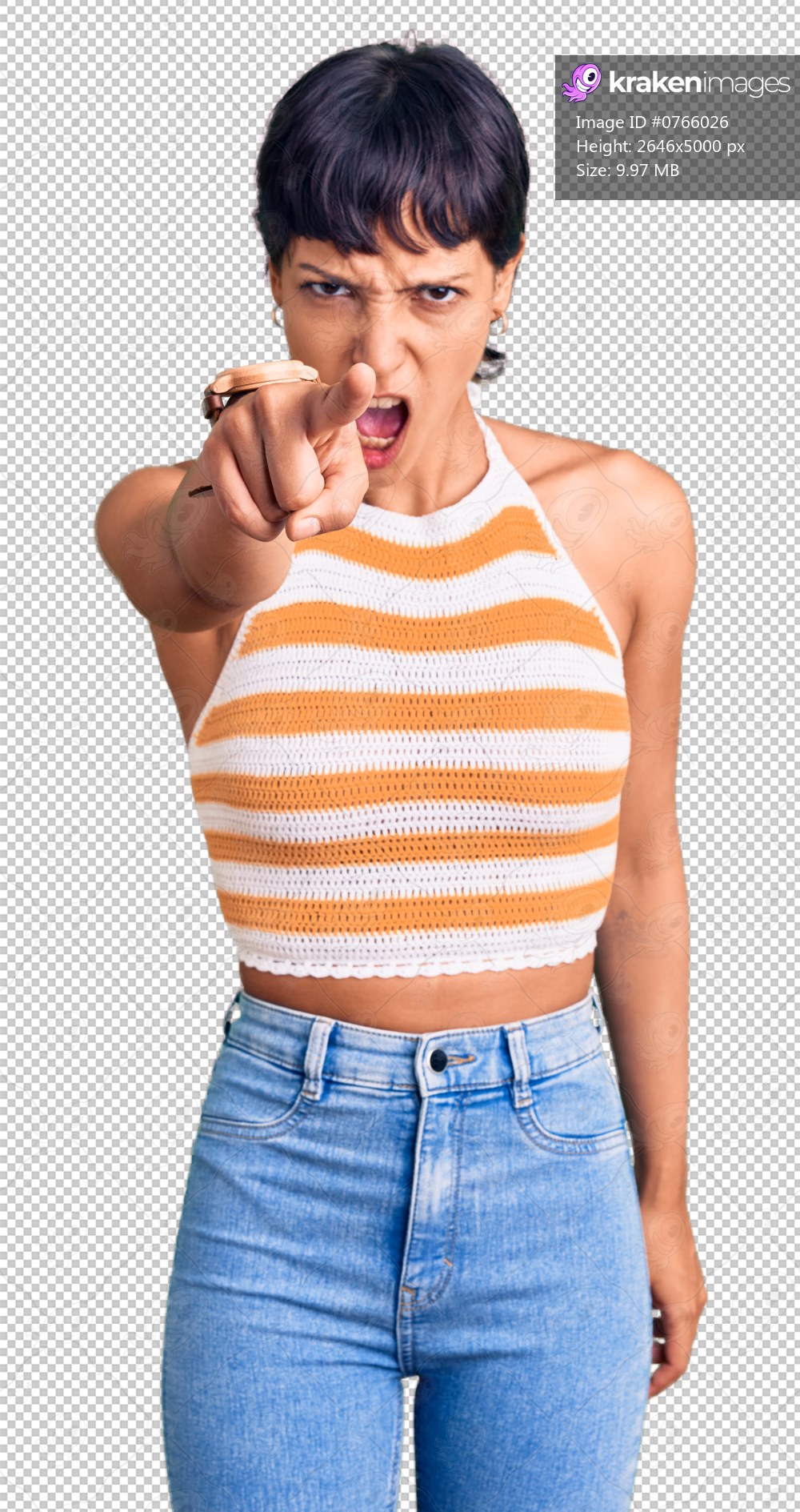 Young brunette woman with short hair wearing casual clothes pointing displeased and frustrated to the camera, angry and furious with you