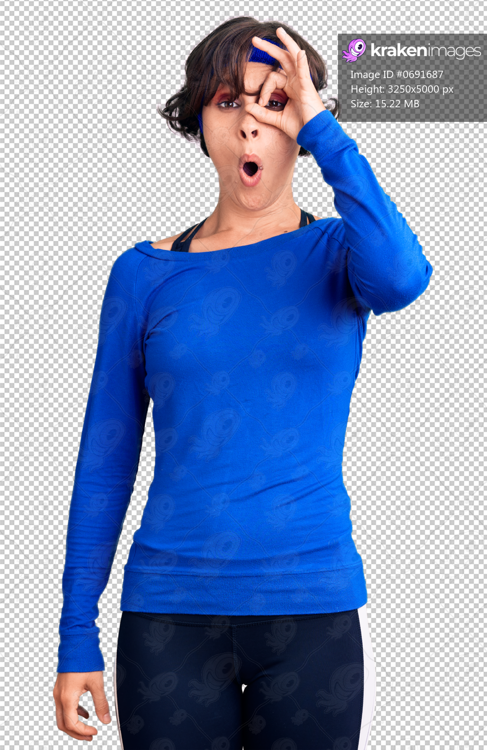 Beautiful young woman with short hair wearing training workout clothes doing ok gesture shocked with surprised face, eye looking through fingers. unbelieving expression.