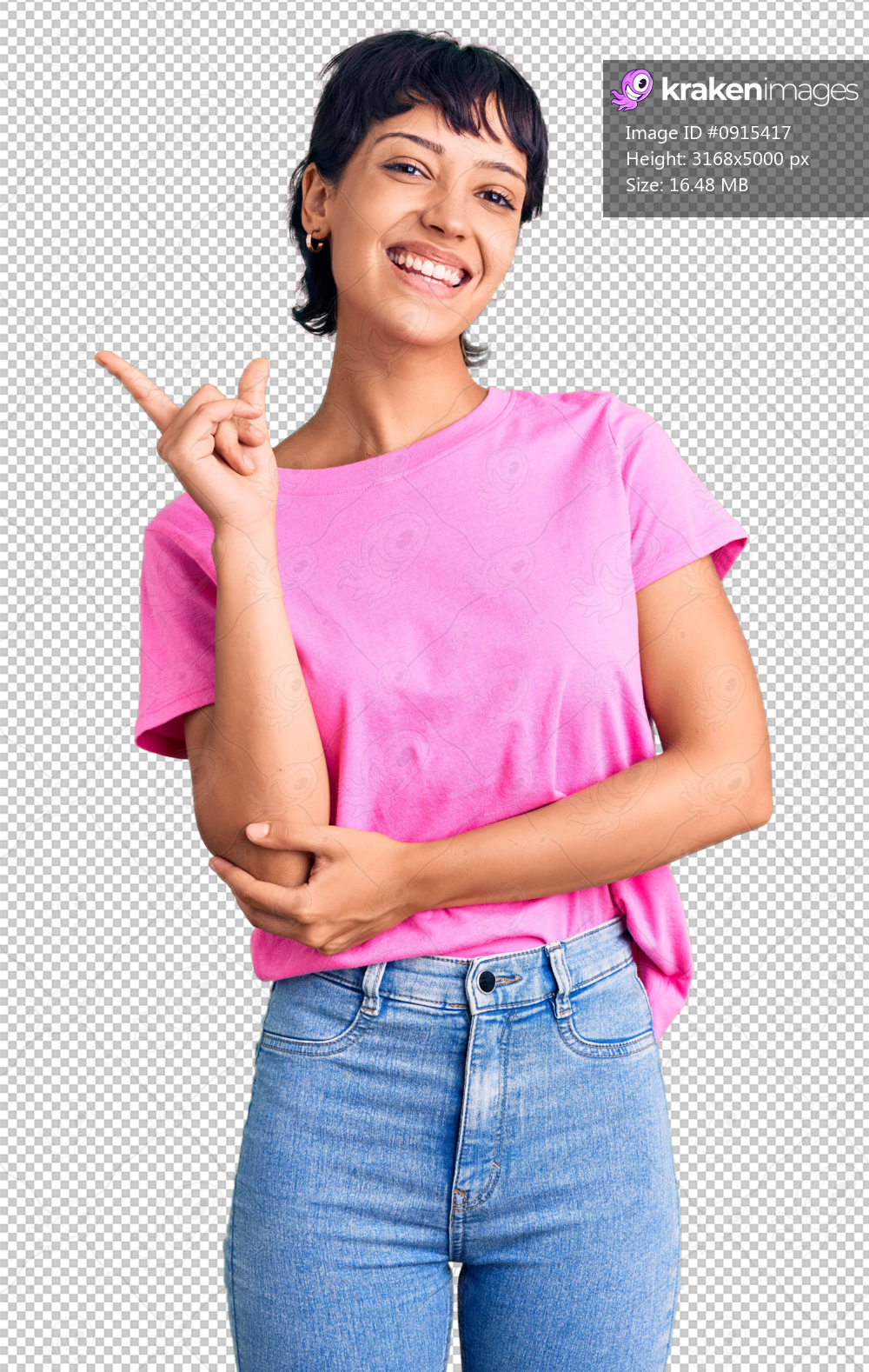 Young brunette woman with short hair wearing casual clothes with a big smile on face, pointing with hand and finger to the side looking at the camera.
