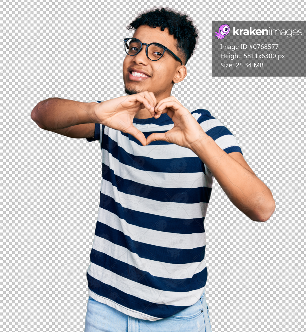 Young african american man wearing casual clothes and glasses smiling in love doing heart symbol shape with hands. romantic concept.