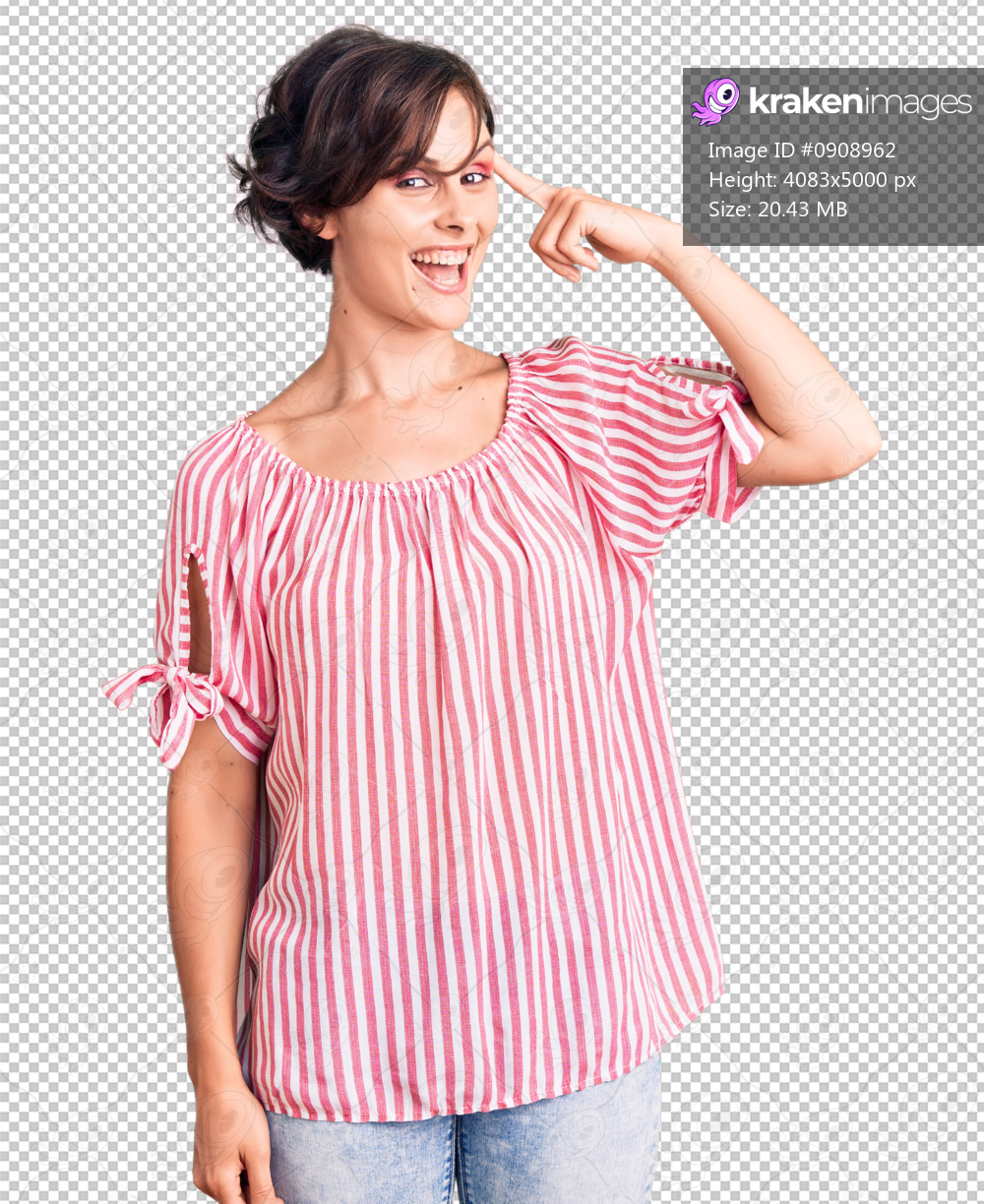 Beautiful young woman with short hair wearing casual summer clothes smiling pointing to head with one finger, great idea or thought, good memory