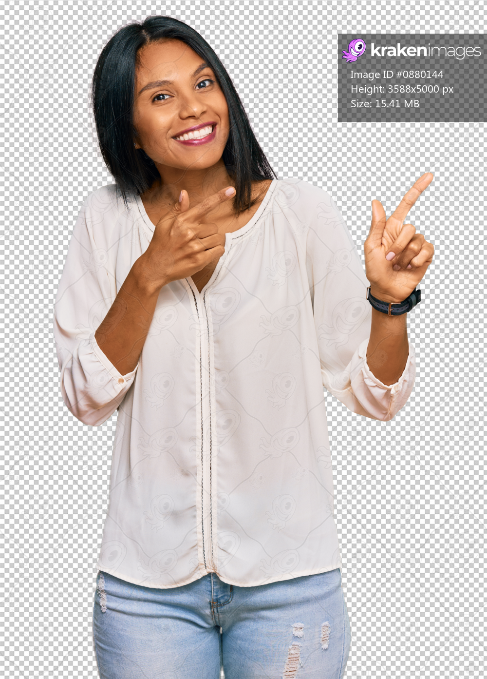 Young african american woman wearing casual clothes smiling and looking at the camera pointing with two hands and fingers to the side.