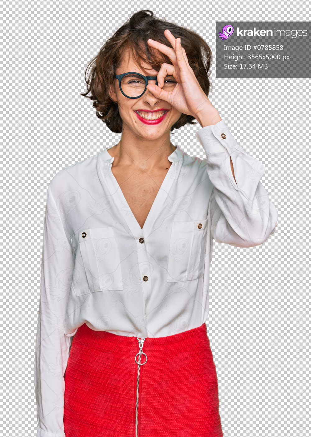 Young hispanic woman wearing business style and glasses doing ok gesture with hand smiling, eye looking through fingers with happy face.