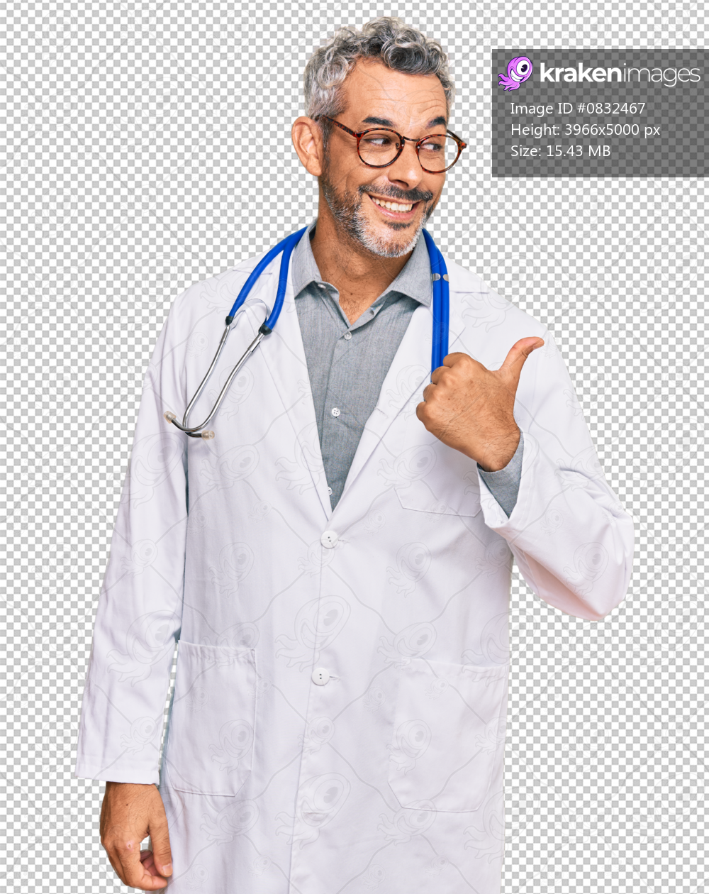 Middle age grey-haired man wearing doctor uniform and stethoscope smiling with happy face looking and pointing to the side with thumb up.