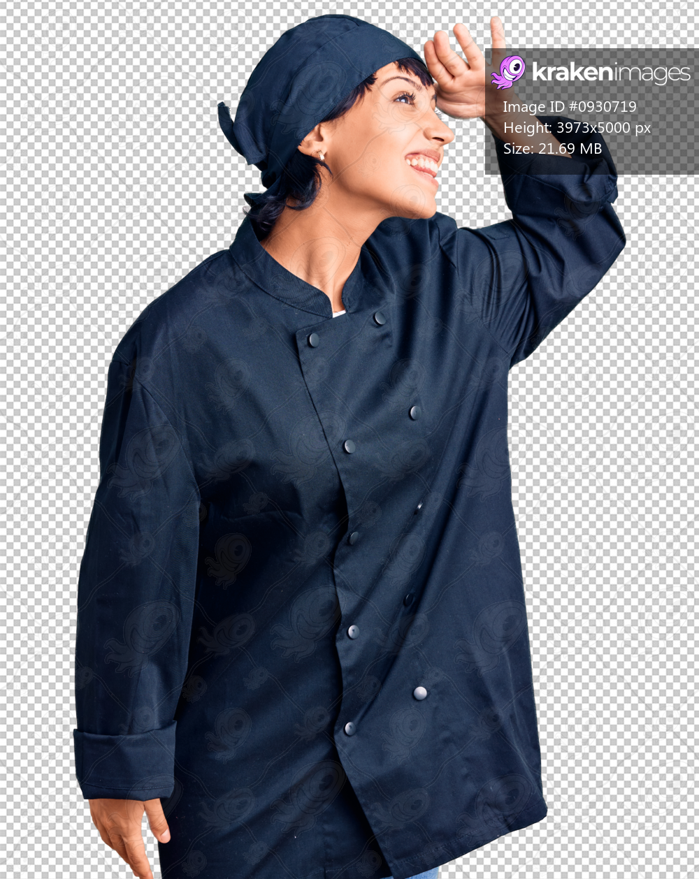 Young brunette woman with short hair wearing professional cook uniform very happy and smiling looking far away with hand over head. searching concept.