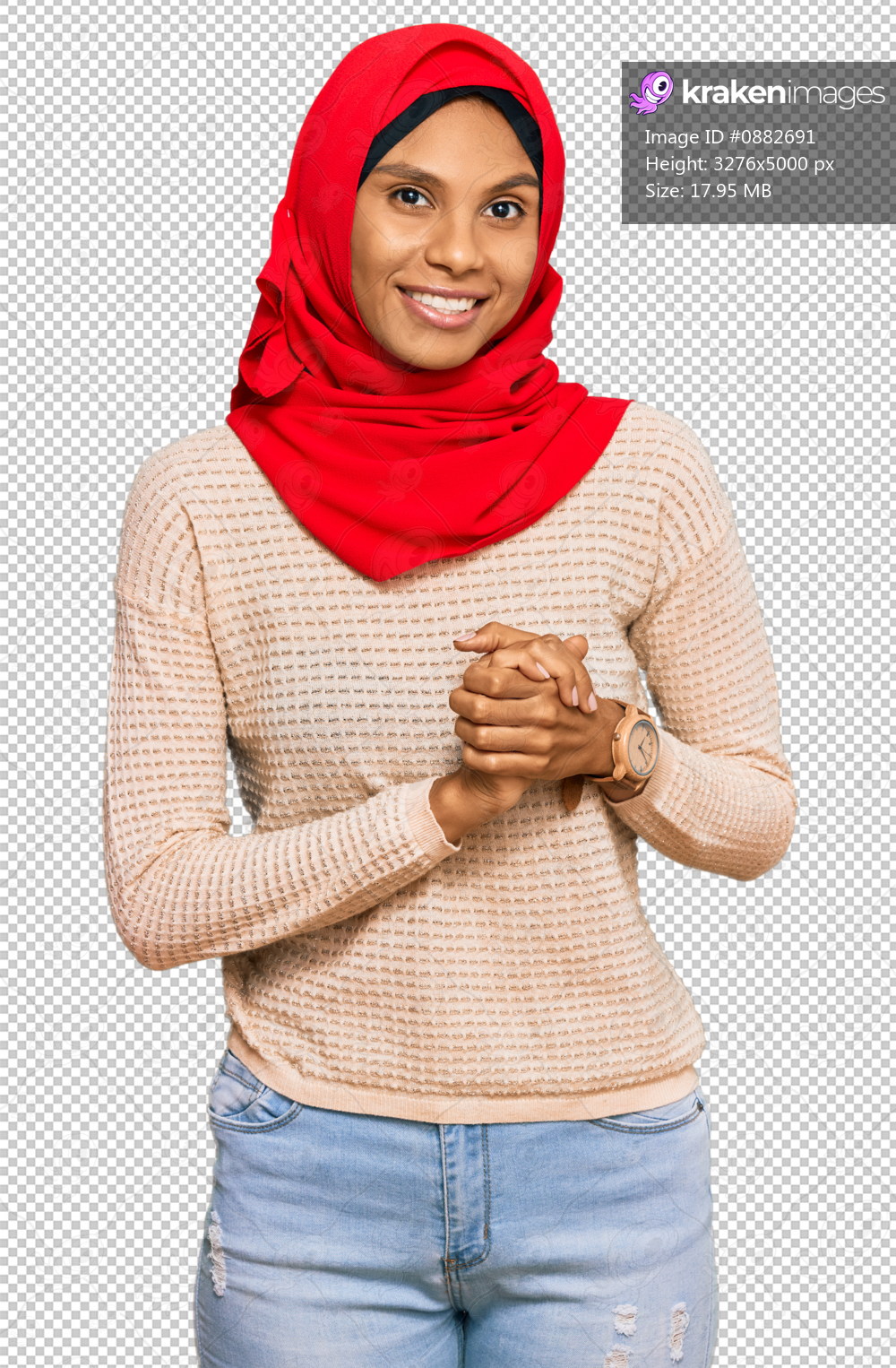 Young african american woman wearing traditional islamic hijab scarf with hands together and crossed fingers smiling relaxed and cheerful. success and optimistic