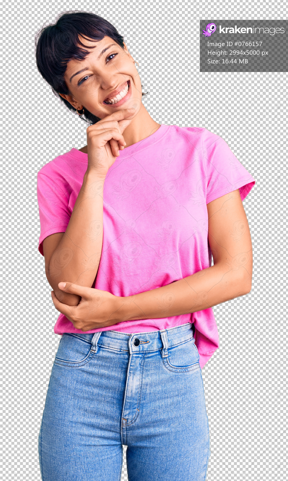 Young brunette woman with short hair wearing casual clothes looking confident at the camera with smile with crossed arms and hand raised on chin. thinking positive.