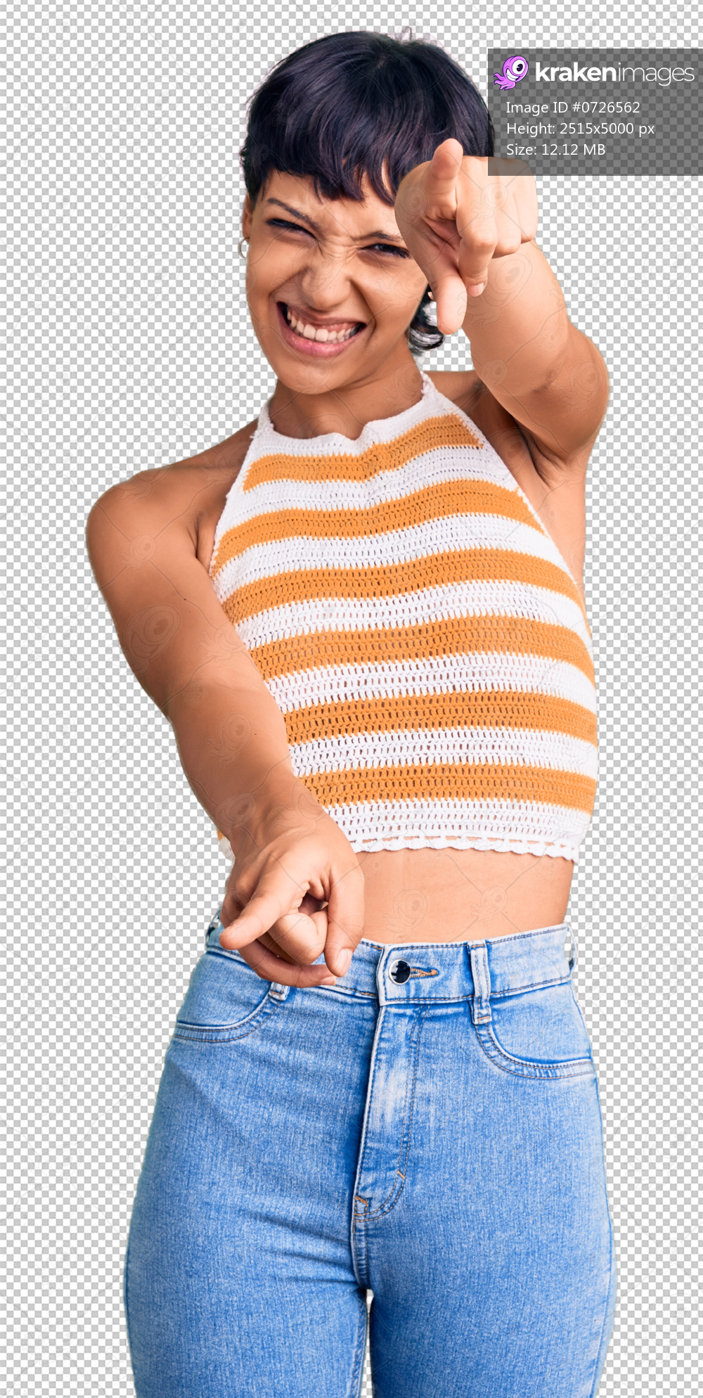 Young brunette woman with short hair wearing casual clothes pointing to you and the camera with fingers, smiling positive and cheerful