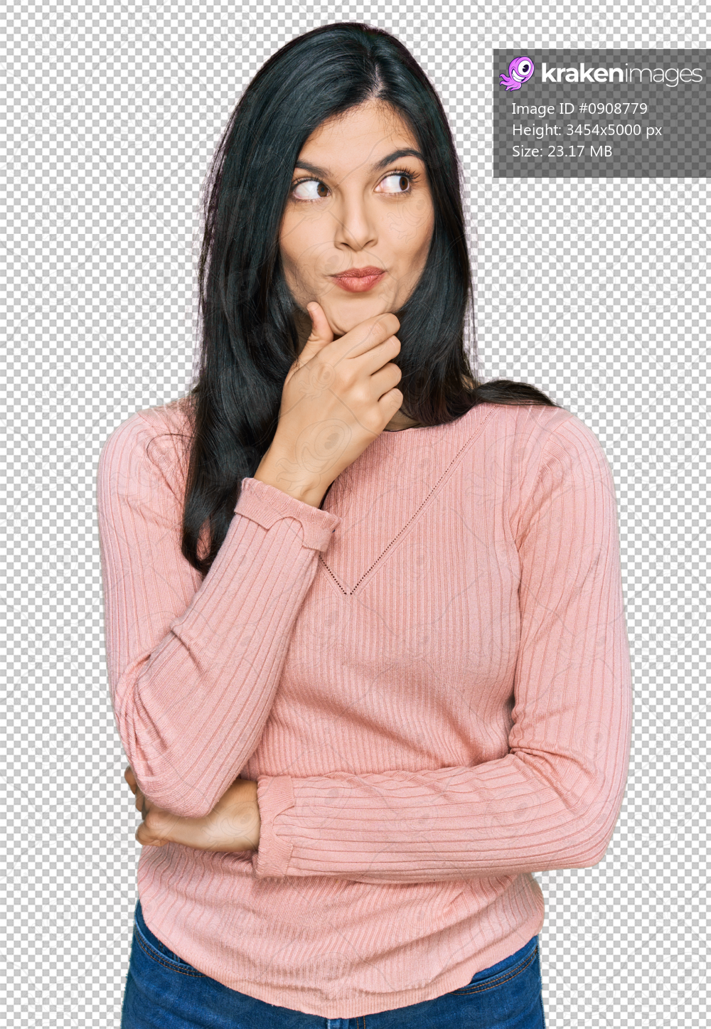 Young hispanic woman wearing casual clothes with hand on chin thinking about question, pensive expression. smiling with thoughtful face. doubt concept.