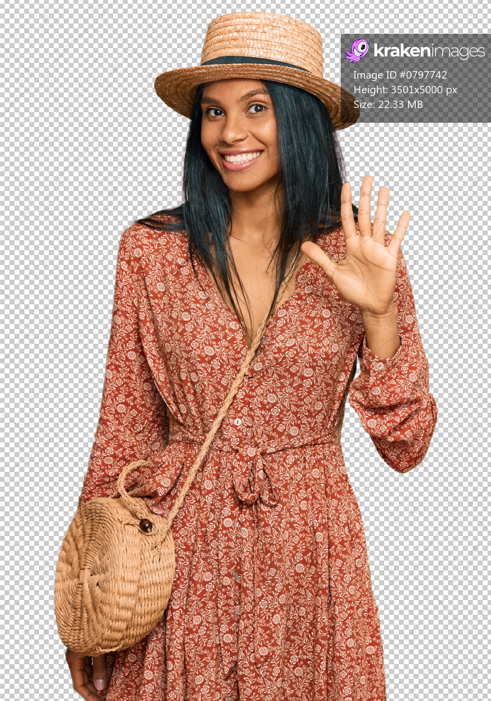 Young african american woman wearing summer hat showing and pointing up with fingers number five while smiling confident and happy.