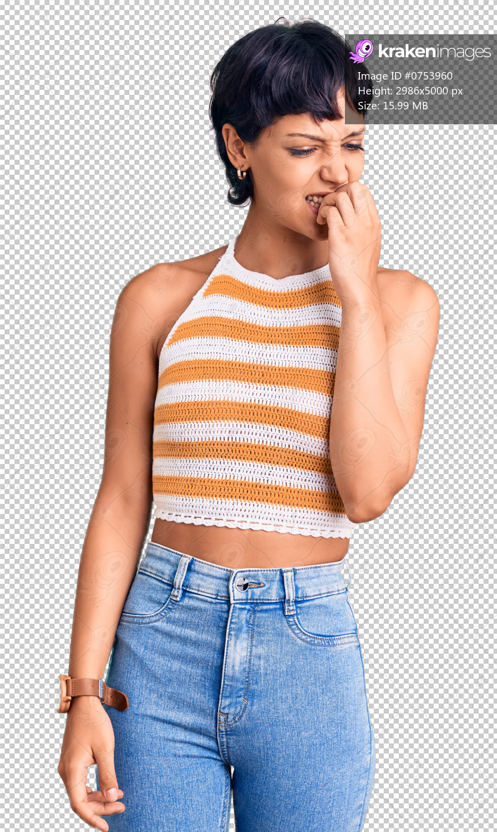 Young brunette woman with short hair wearing casual clothes looking stressed and nervous with hands on mouth biting nails. anxiety problem.