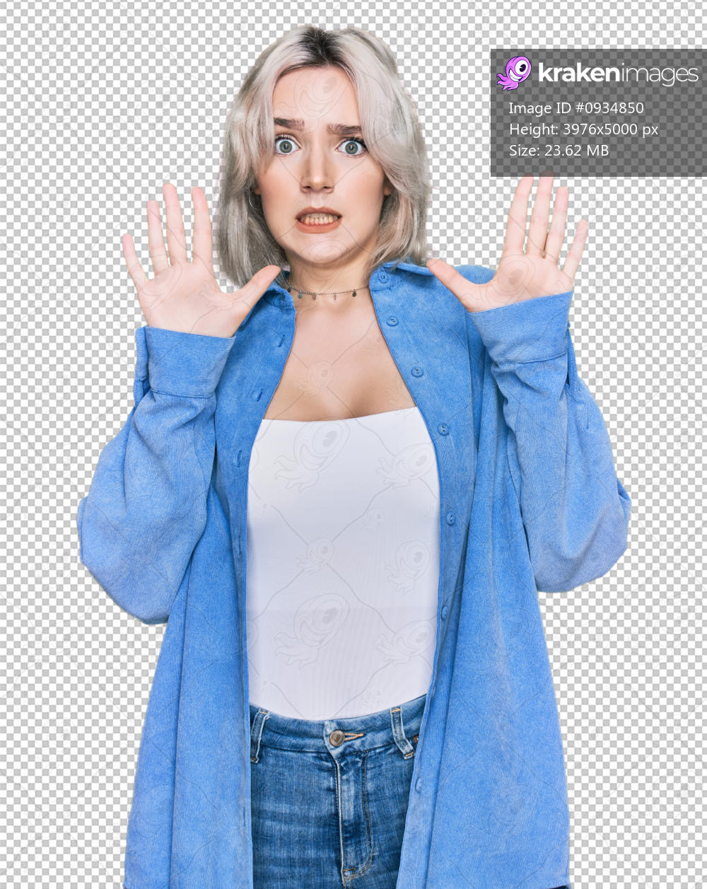 Young blonde girl wearing casual clothes afraid and terrified with fear expression stop gesture with hands, shouting in shock. panic concept.