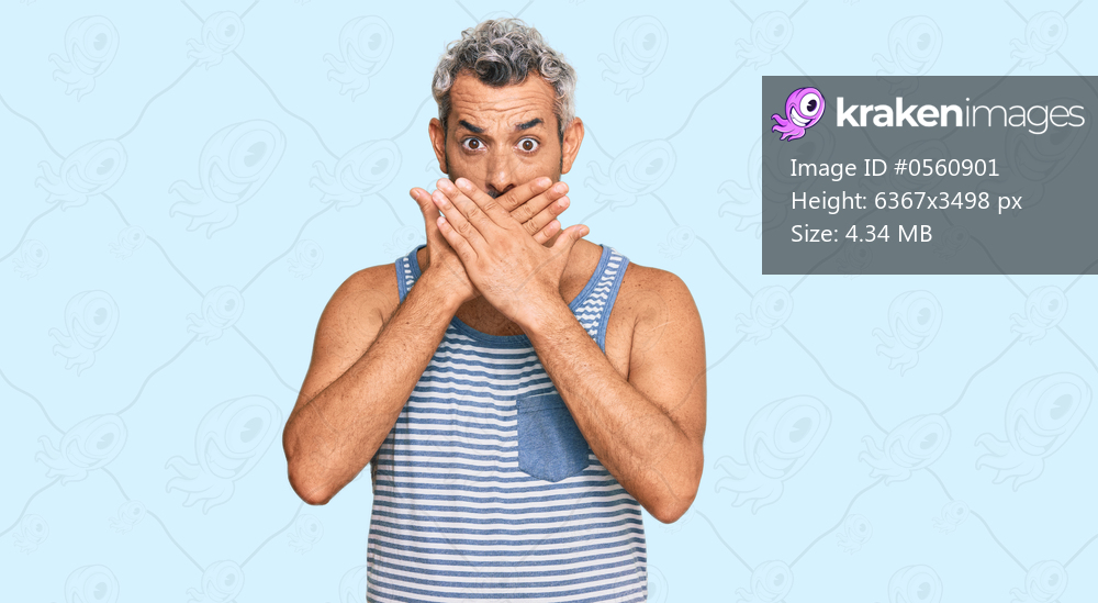 Middle age grey-haired man wearing casual style with sleeveless shirt shocked covering mouth with hands for mistake. secret concept. 