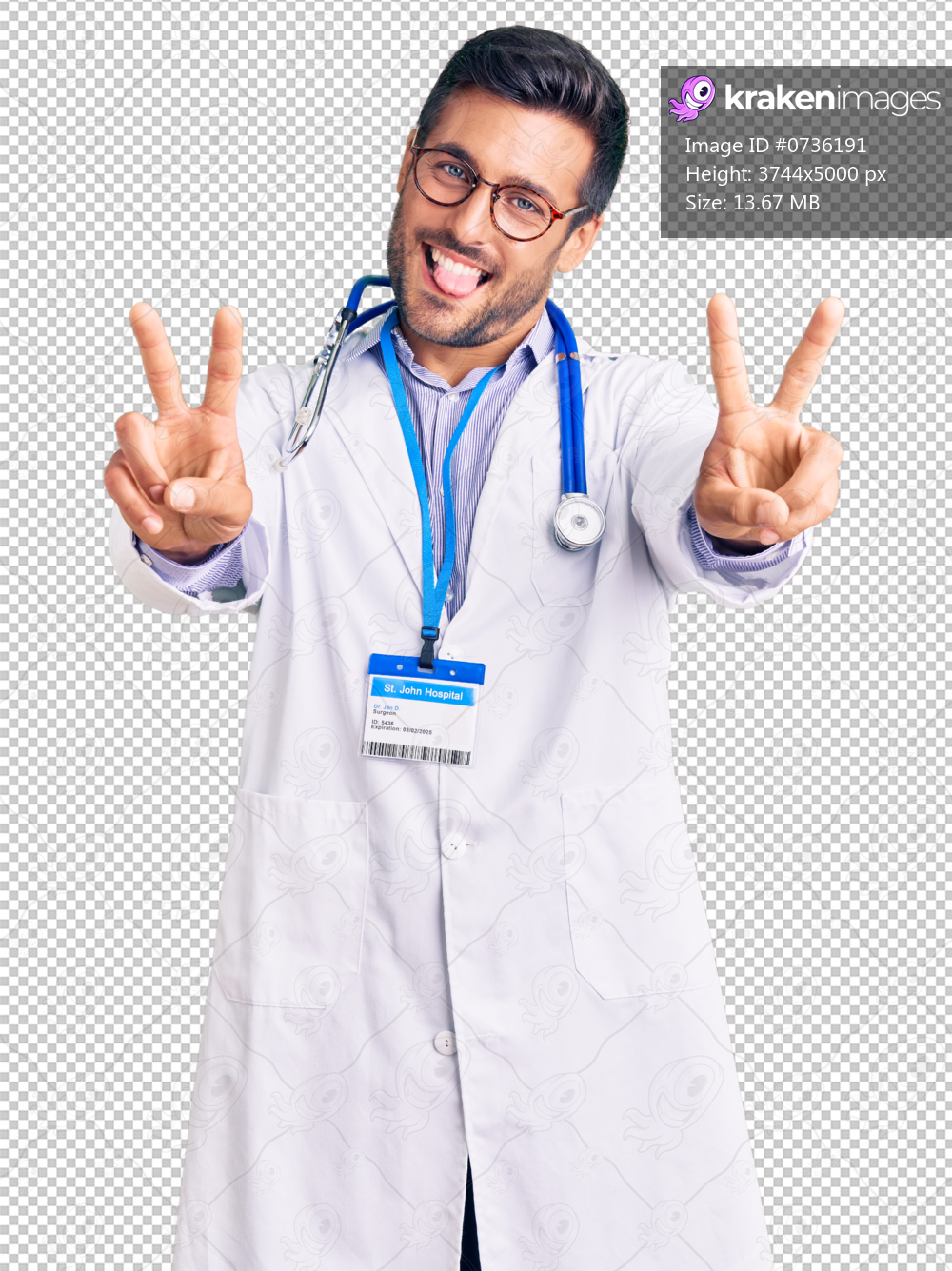 Young hispanic man wearing doctor uniform and stethoscope smiling with tongue out showing fingers of both hands doing victory sign. number two.