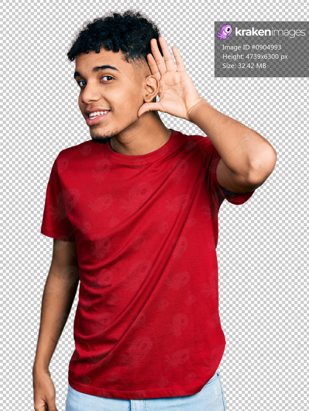 Young african american man wearing casual red t shirt smiling with hand over ear listening an hearing to rumor or gossip. deafness concept.