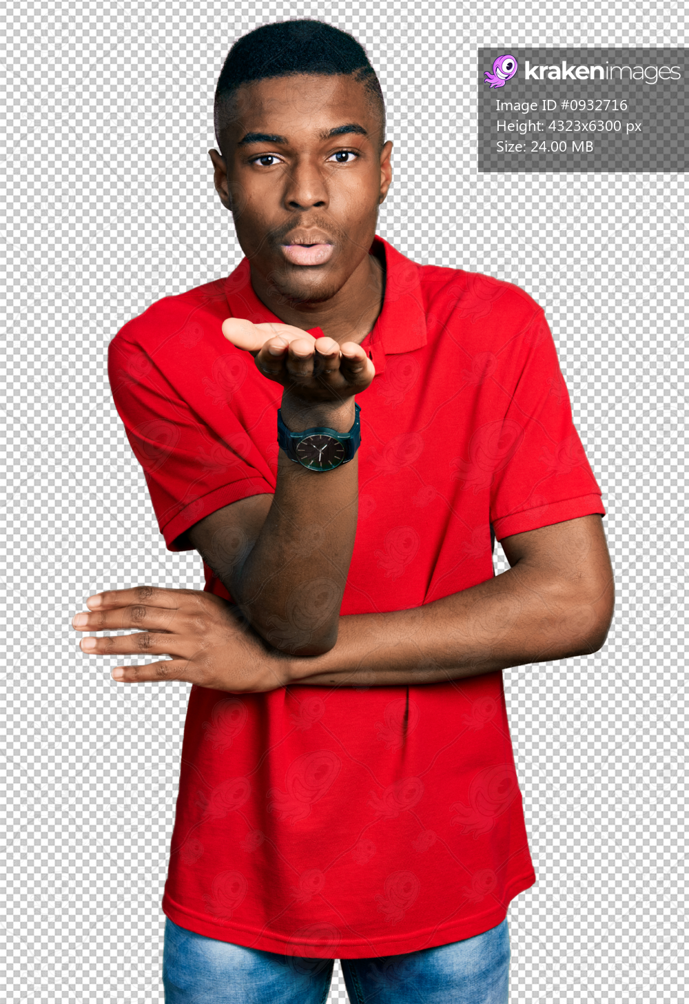 Young african american man wearing casual red t shirt looking at the camera blowing a kiss with hand on air being lovely and sexy. love expression.