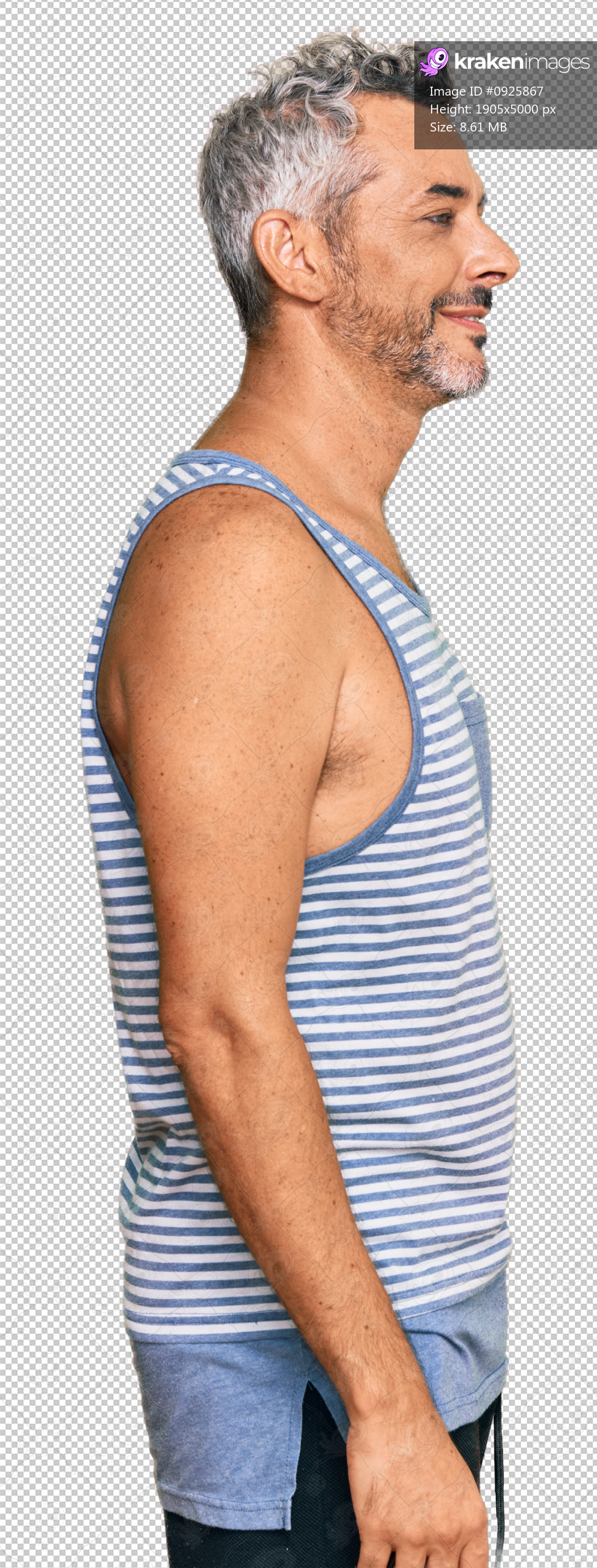 Middle age grey-haired man wearing casual style with sleeveless shirt looking to side, relax profile pose with natural face with confident smile.