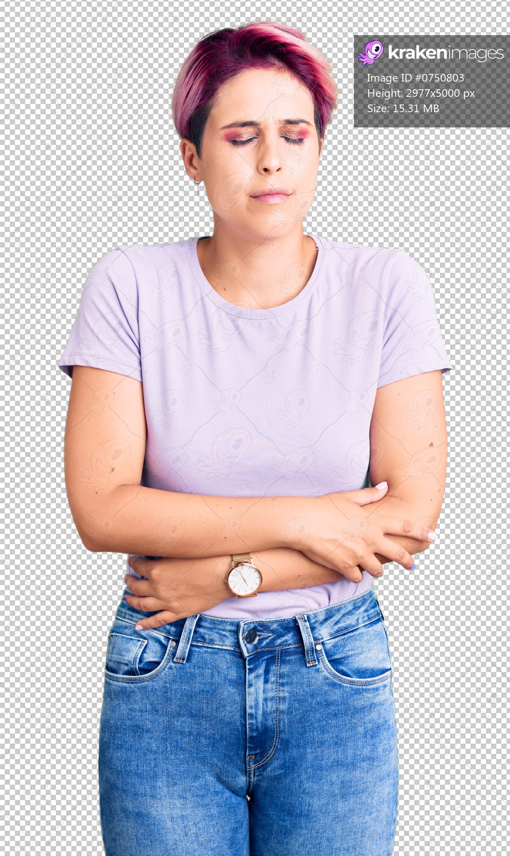 Young beautiful woman with pink hair wearing casual clothes with hand on stomach because indigestion, painful illness feeling unwell. ache concept.