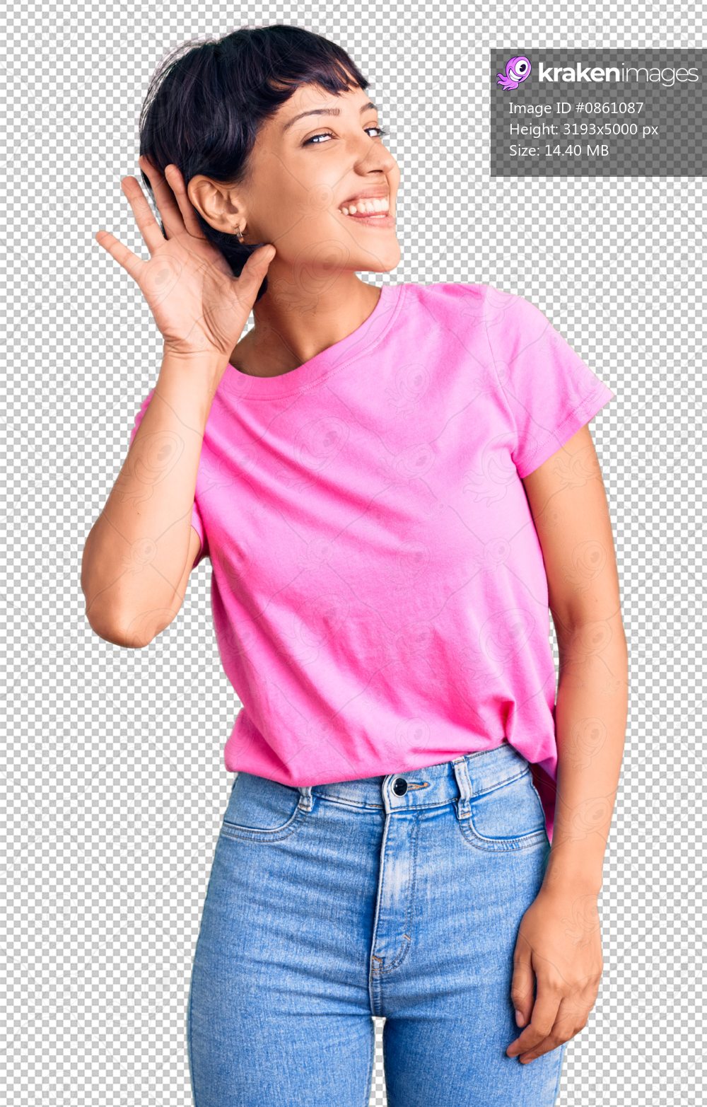 Young brunette woman with short hair wearing casual clothes smiling with hand over ear listening an hearing to rumor or gossip. deafness concept.