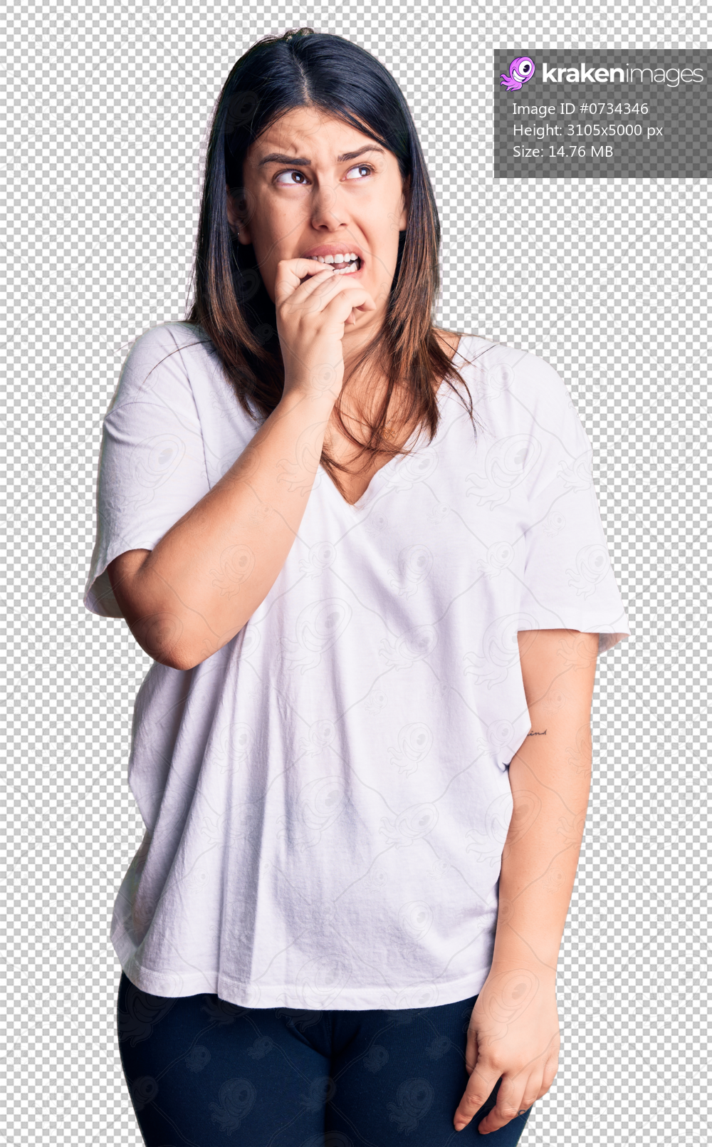 Young beautiful brunette woman wearing casual t-shirt looking stressed and nervous with hands on mouth biting nails. anxiety problem.