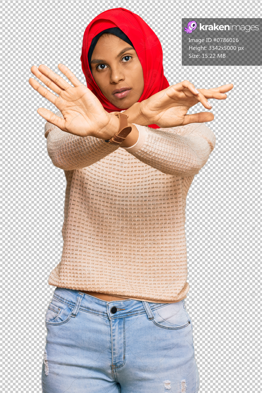 Young african american woman wearing traditional islamic hijab scarf rejection expression crossing arms and palms doing negative sign, angry face