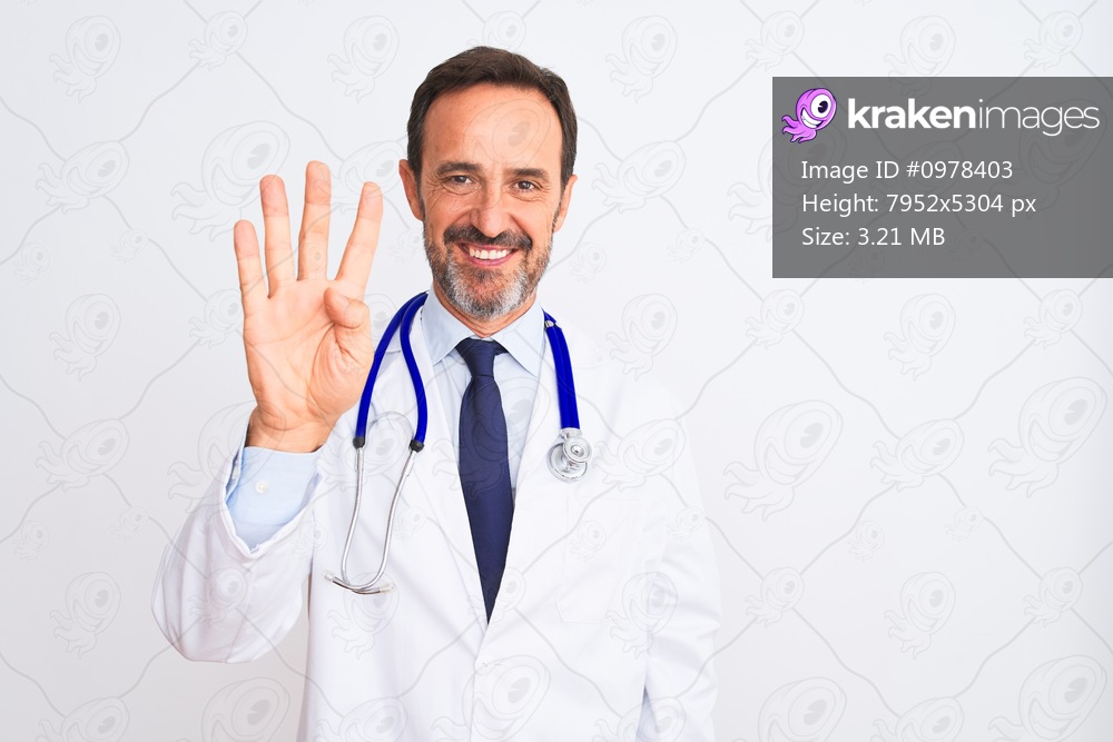 Middle age doctor man wearing coat and stethoscope standing over isolated white background showing and pointing up with fingers number four while smiling confident and happy.