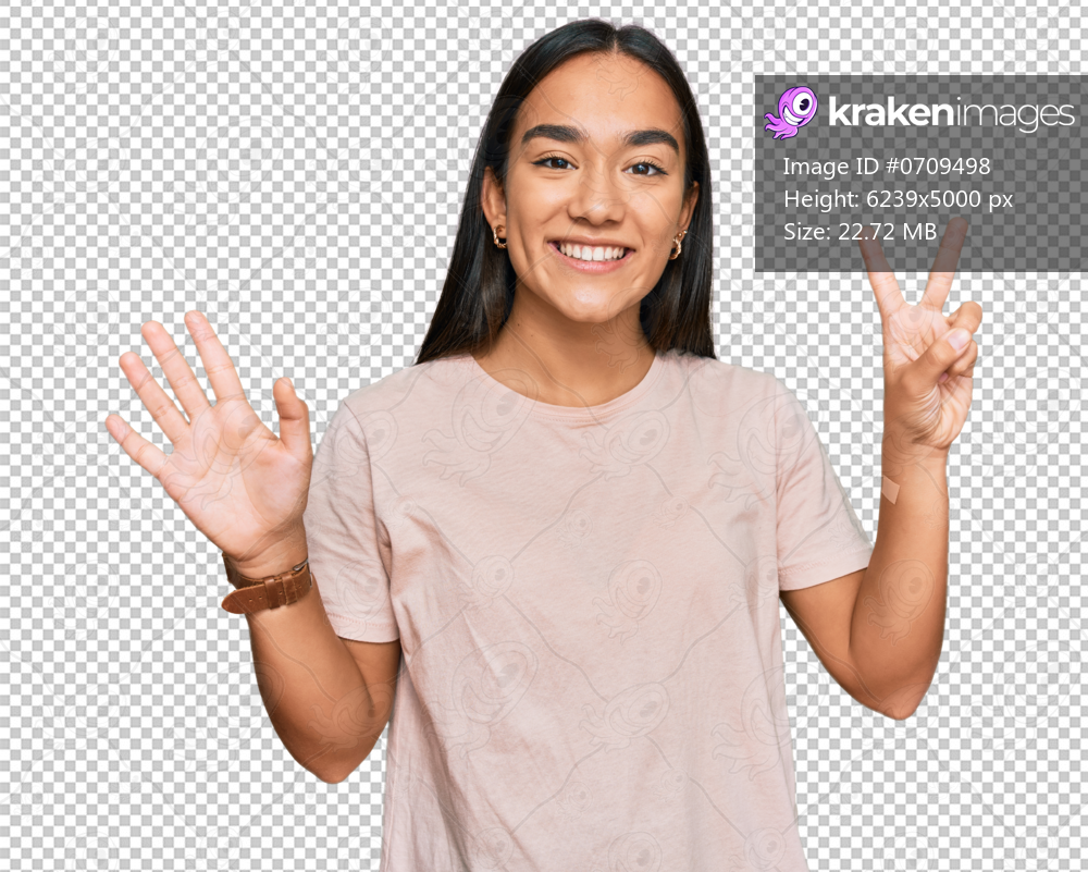 Young asian woman wearing casual clothes showing and pointing up with fingers number seven while smiling confident and happy.