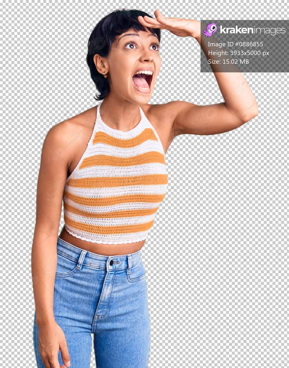 Young brunette woman with short hair wearing casual clothes very happy and smiling looking far away with hand over head. searching concept.