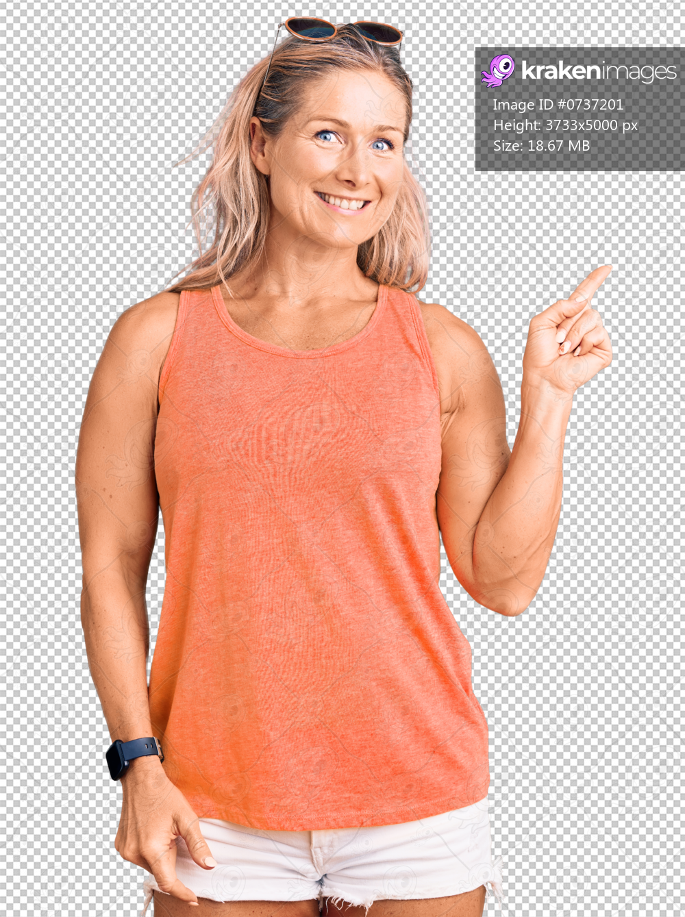 Middle age fit blonde woman wearing casual summer clothes and sunglasses with a big smile on face, pointing with hand finger to the side looking at the camera.