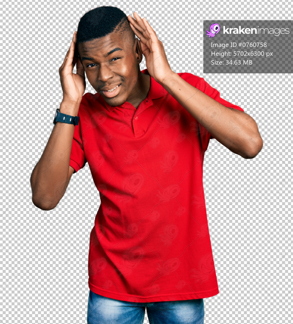 Young african american man wearing casual red t shirt trying to hear both hands on ear gesture, curious for gossip. hearing problem, deaf