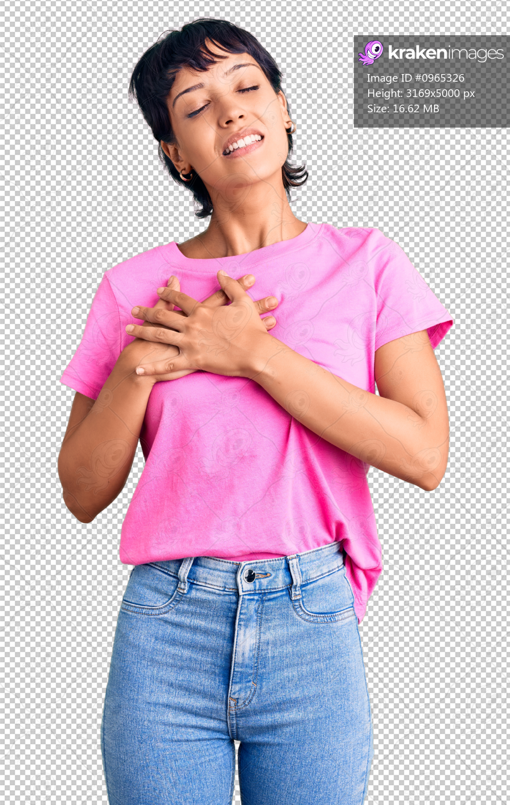 Young brunette woman with short hair wearing casual clothes smiling with hands on chest with closed eyes and grateful gesture on face. health concept.