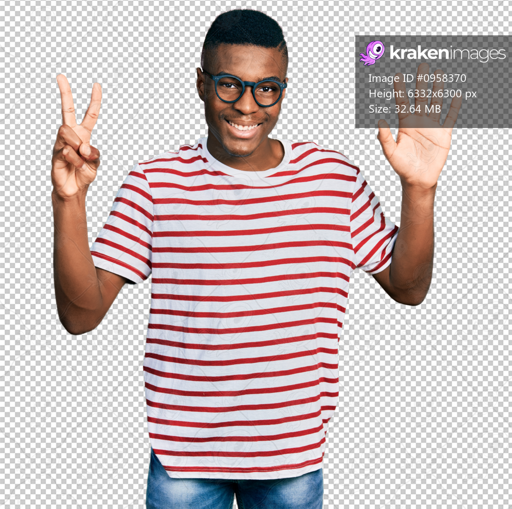 Young african american man wearing casual t shirt and glasses showing and pointing up with fingers number seven while smiling confident and happy.