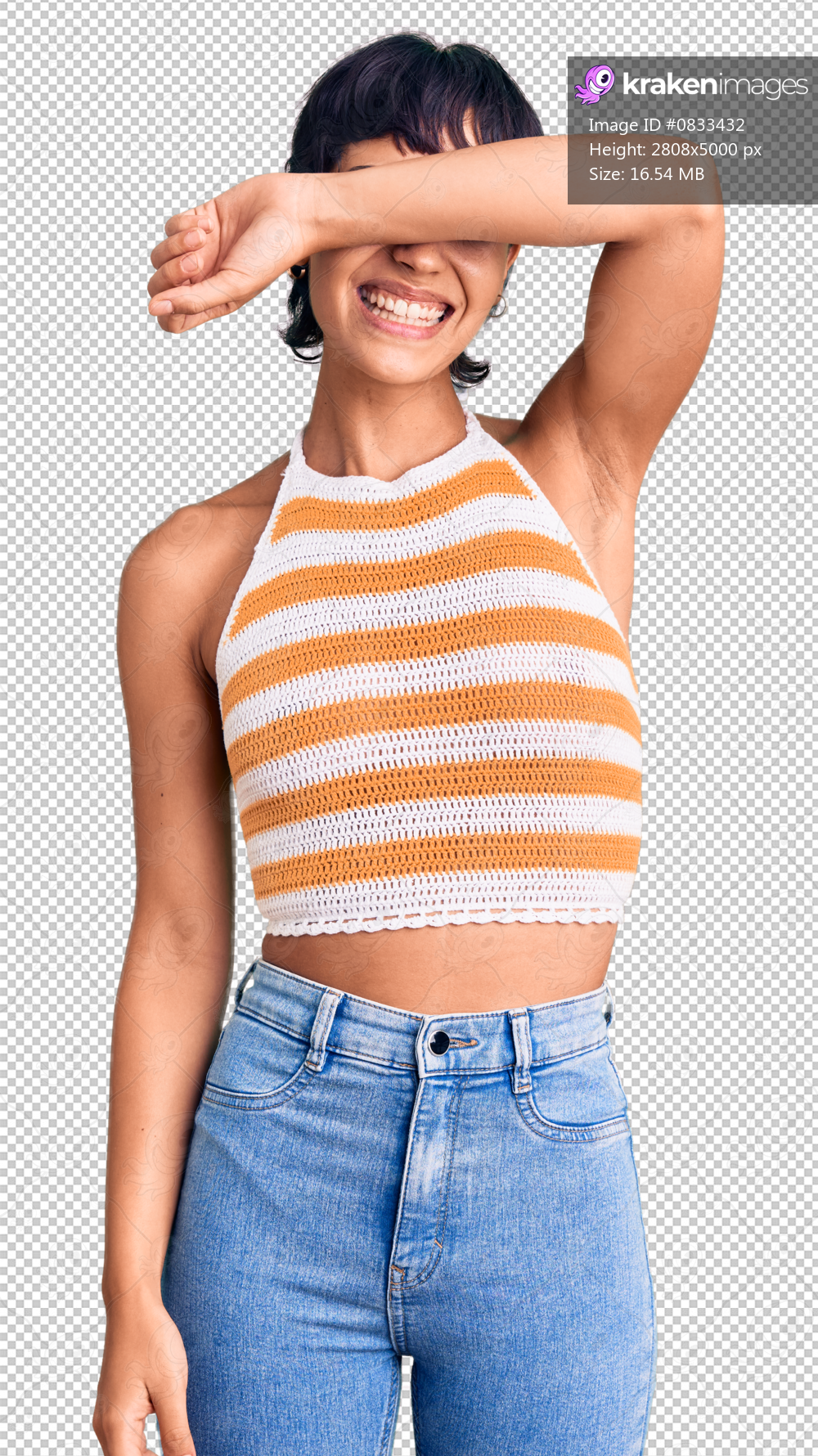 Young brunette woman with short hair wearing casual clothes covering eyes with arm smiling cheerful and funny. blind concept.