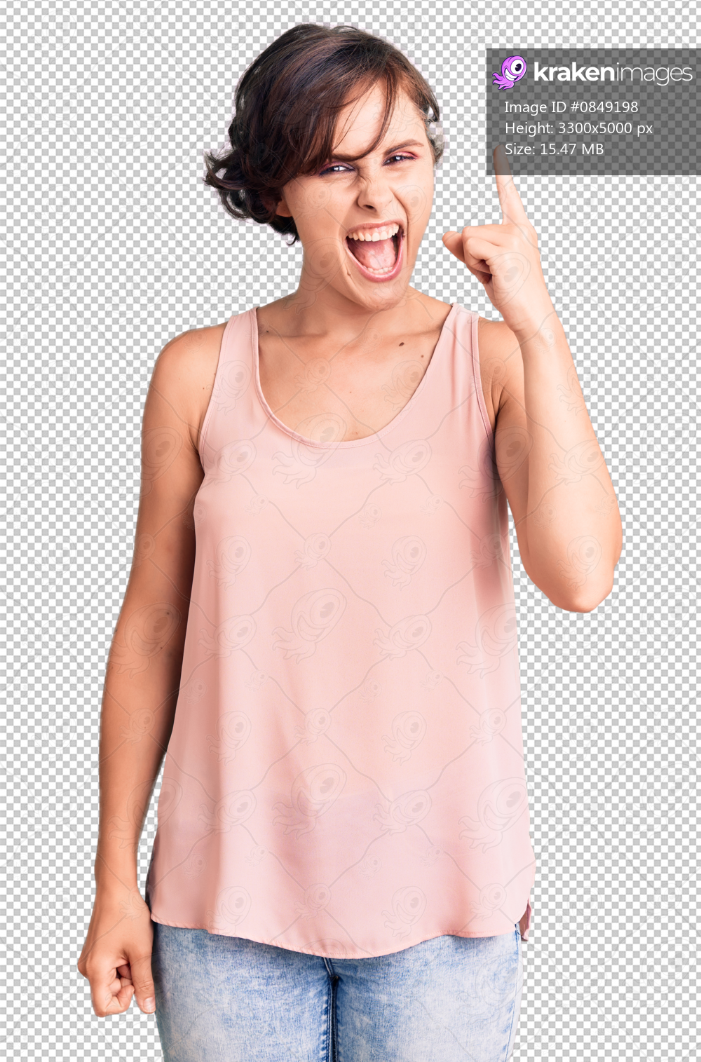 Beautiful young woman with short hair wearing casual style with sleeveless shirt pointing finger up with successful idea. exited and happy. number one.