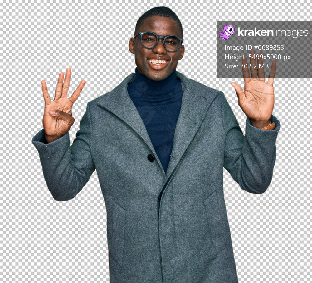 Young african american man wearing business clothes and glasses showing and pointing up with fingers number nine while smiling confident and happy.