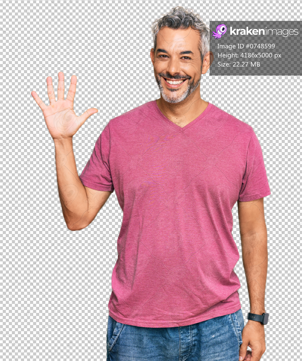 Middle age grey-haired man wearing casual clothes showing and pointing up with fingers number five while smiling confident and happy.
