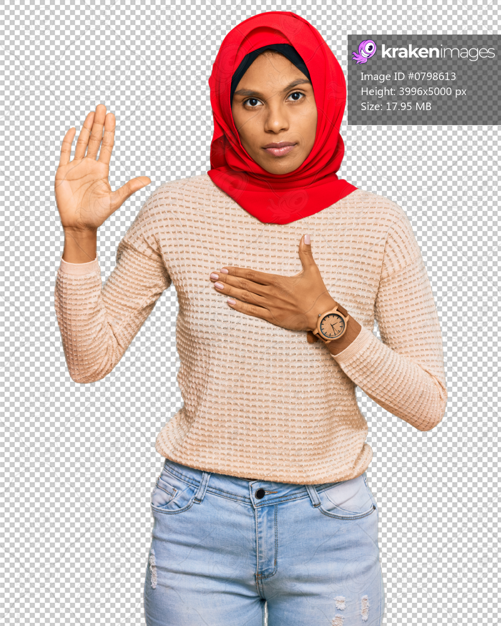 Young african american woman wearing traditional islamic hijab scarf swearing with hand on chest and open palm, making a loyalty promise oath
