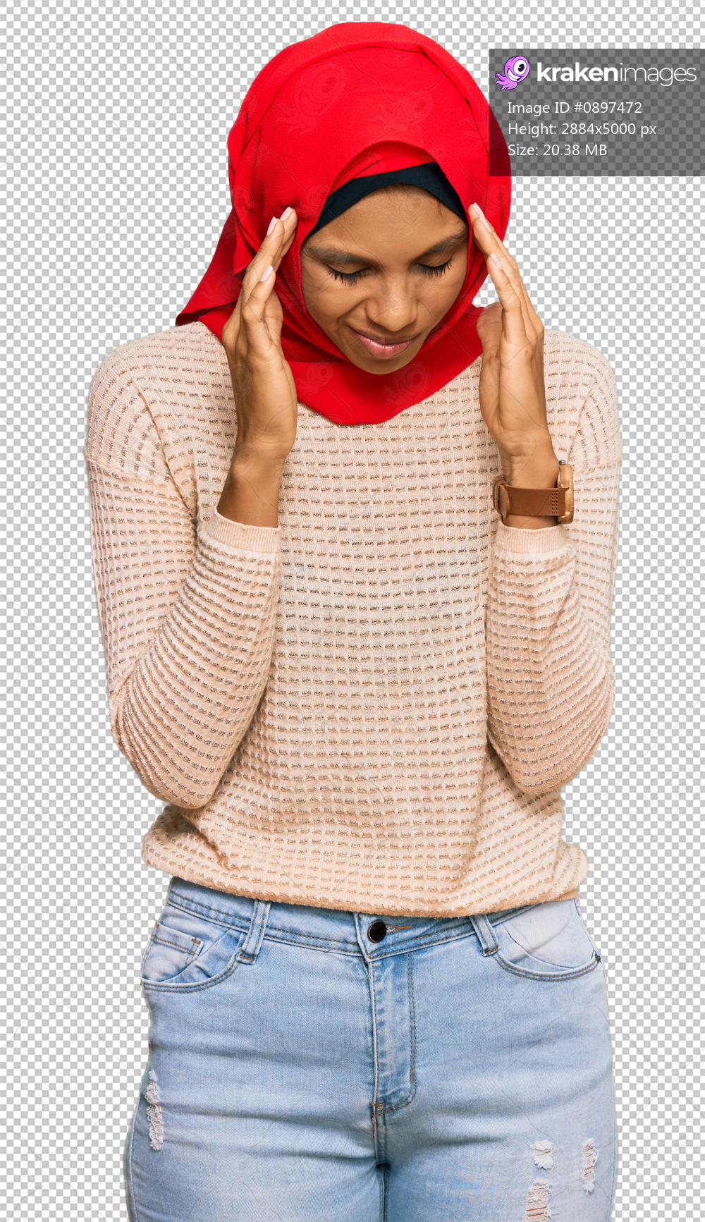 Young african american woman wearing traditional islamic hijab scarf with hand on head, headache because stress. suffering migraine.