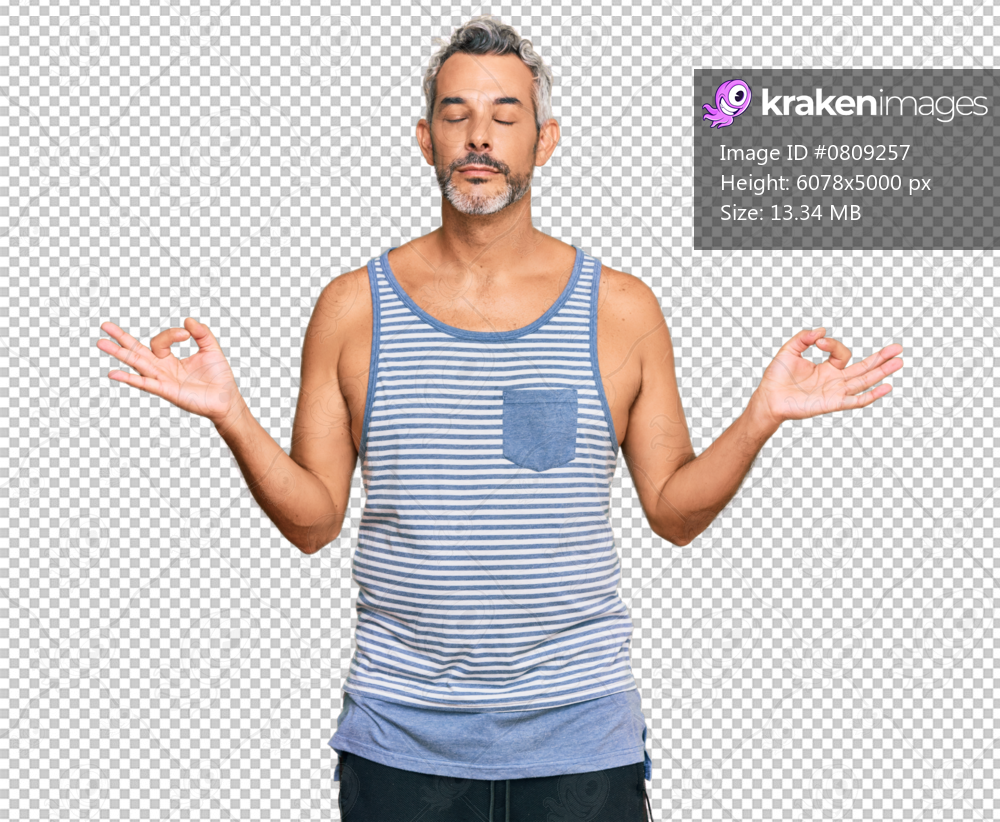 Middle age grey-haired man wearing casual style with sleeveless shirt relax and smiling with eyes closed doing meditation gesture with fingers. yoga concept.