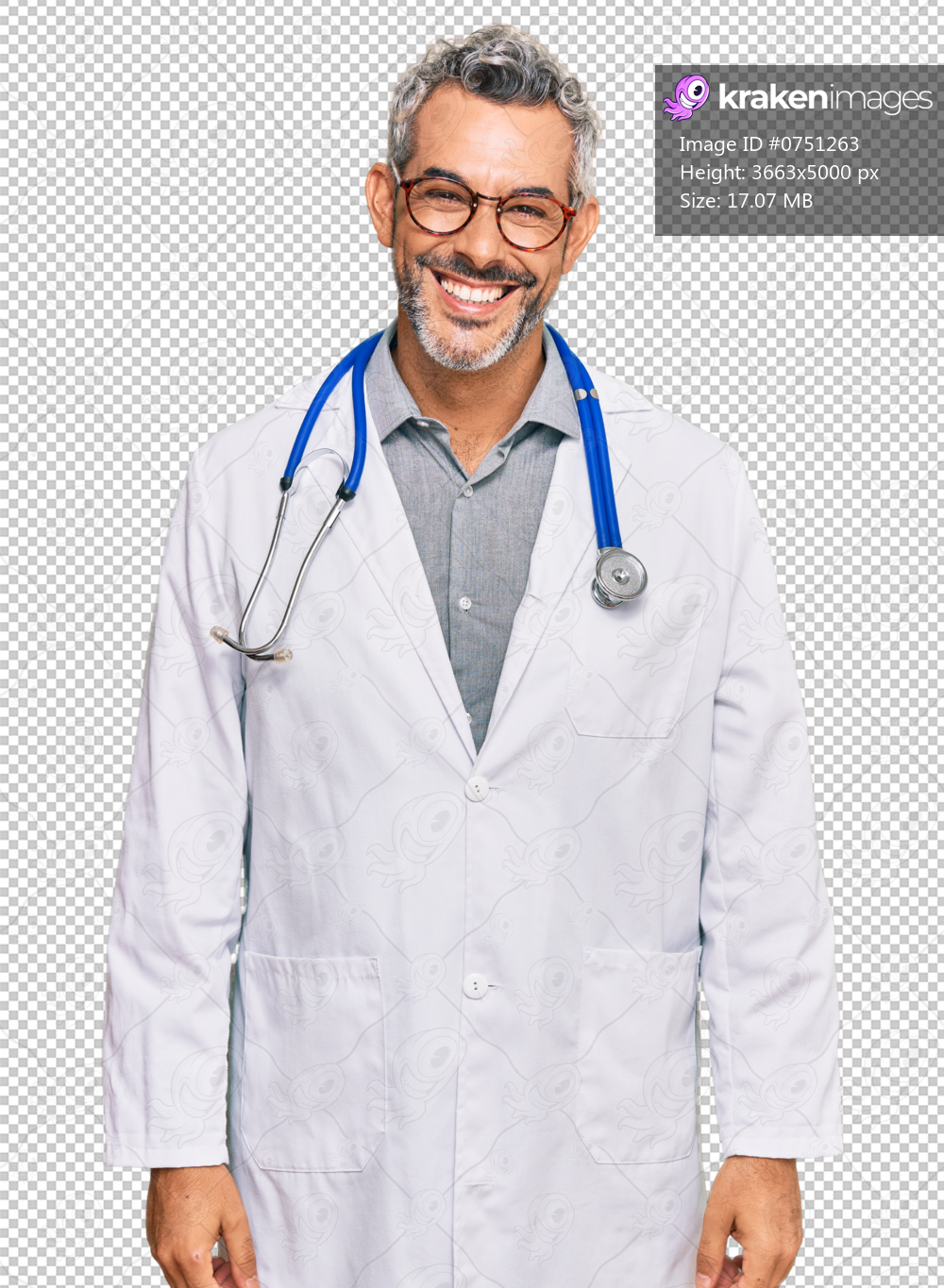 Middle age grey-haired man wearing doctor uniform and stethoscope looking positive and happy standing and smiling with a confident smile showing teeth