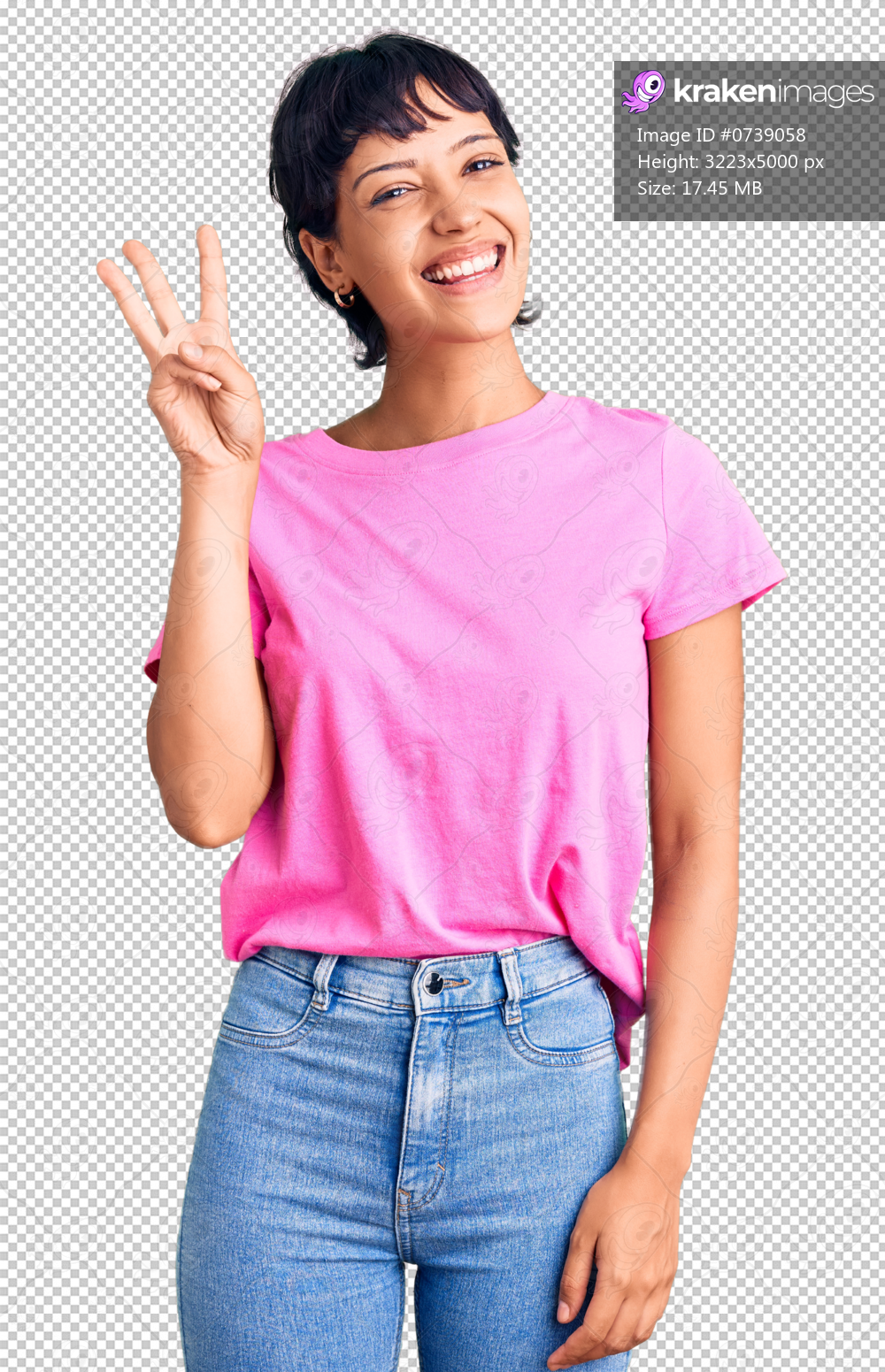 Young brunette woman with short hair wearing casual clothes showing and pointing up with fingers number three while smiling confident and happy.