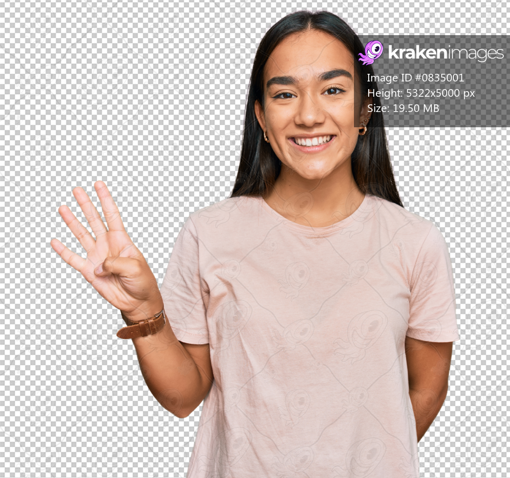 Young asian woman wearing casual clothes showing and pointing up with fingers number four while smiling confident and happy.