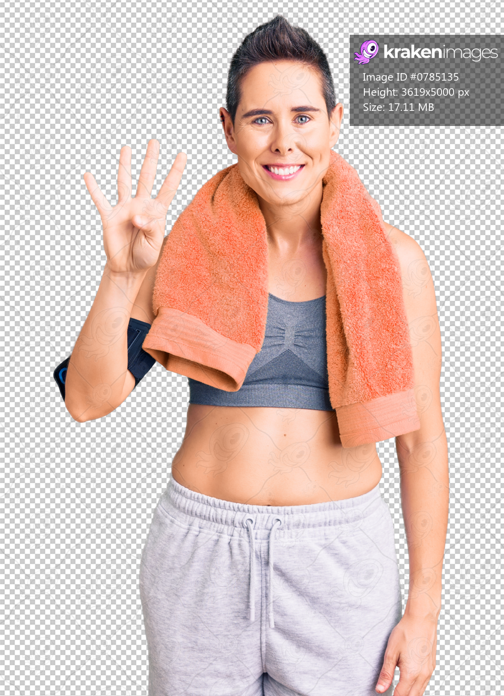 Young woman with short hair wearing sportswear and towel using smartphone showing and pointing up with fingers number four while smiling confident and happy.