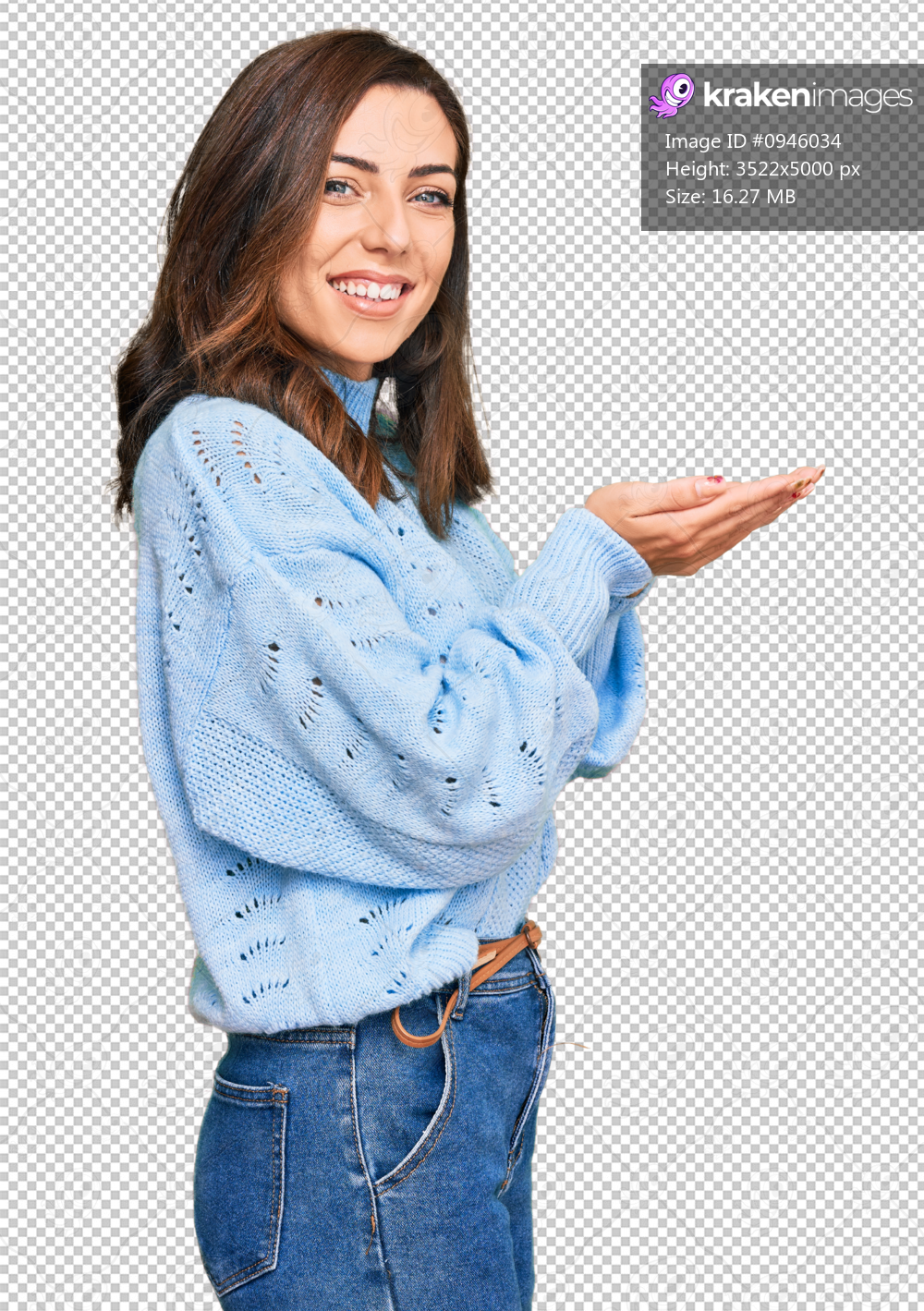 Young brunette woman wearing casual winter sweater pointing aside with hands open palms showing copy space, presenting advertisement smiling excited happy