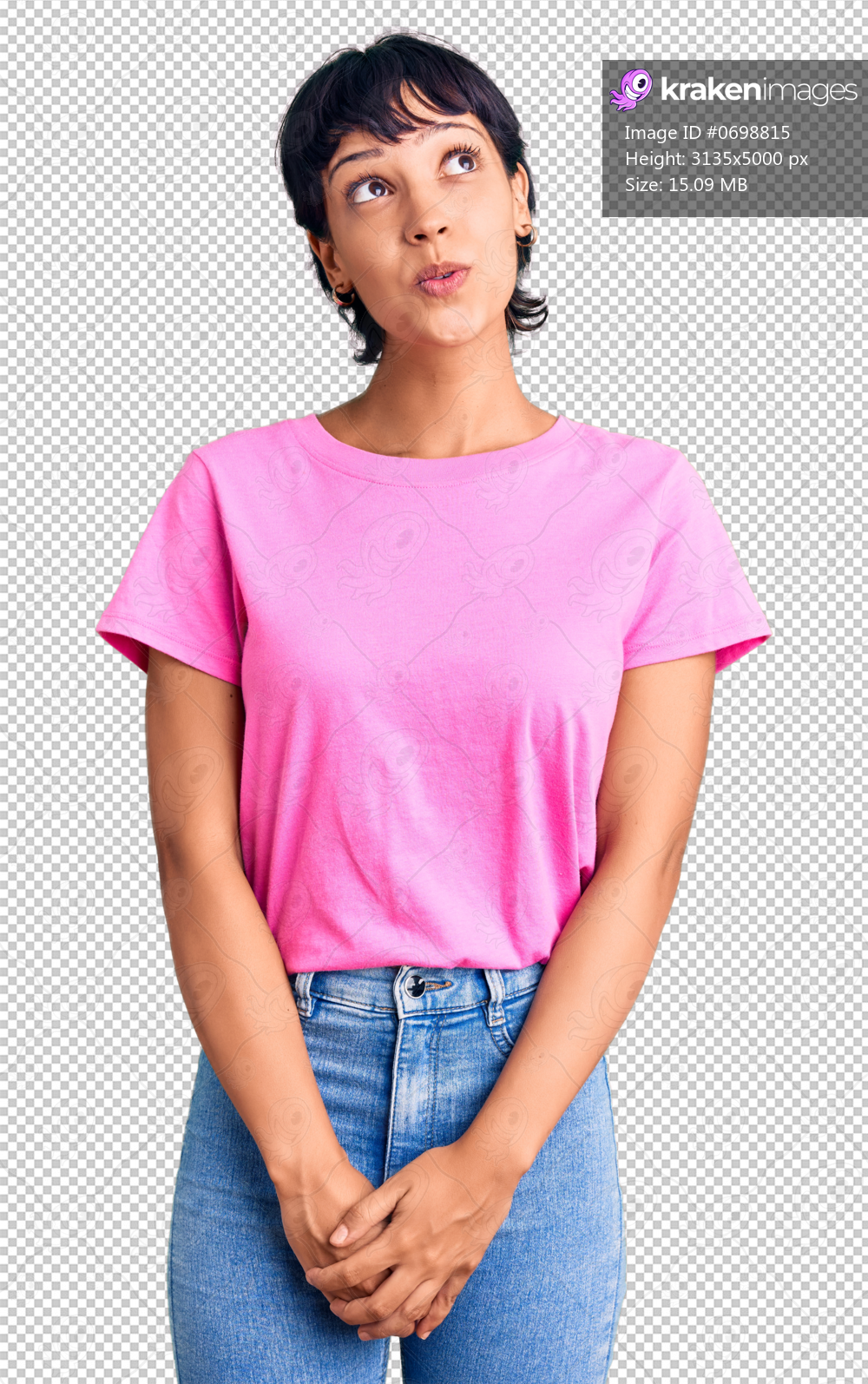 Young brunette woman with short hair wearing casual clothes smiling looking to the side and staring away thinking.