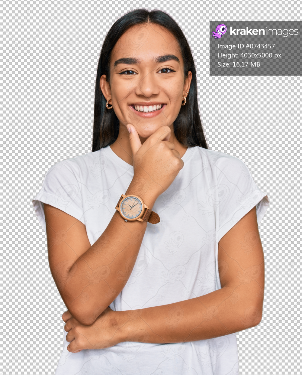 Young asian woman wearing casual white t shirt looking confident at the camera smiling with crossed arms and hand raised on chin. thinking positive.